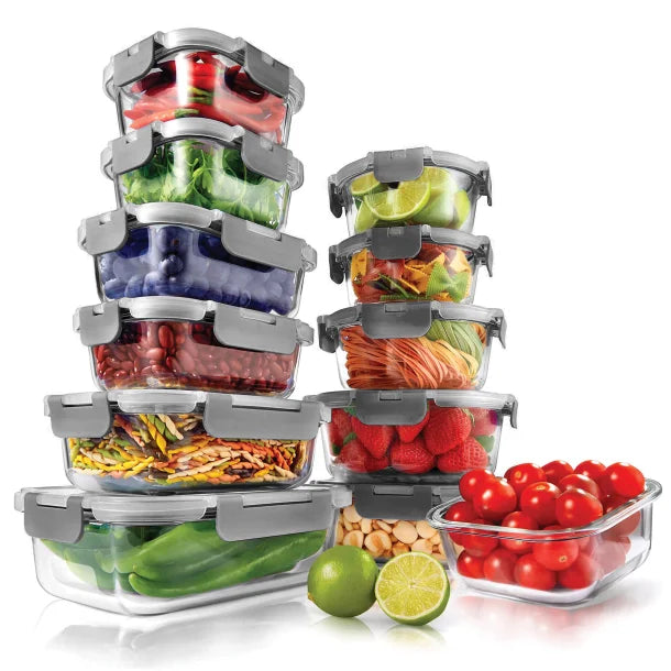 NutriChef 24-Piece Stackable Borosilicate Glass Food Storage Containers Set (Gray)