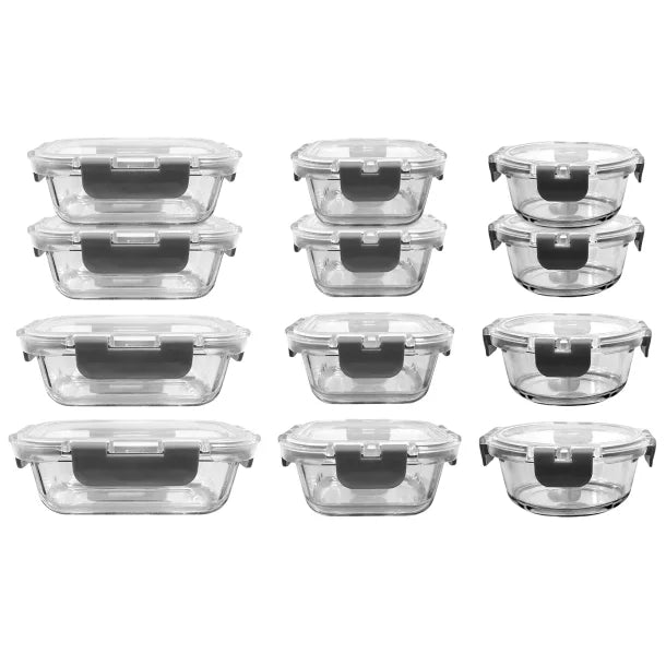 NutriChef 24-Piece Stackable Borosilicate Glass Food Storage Containers Set (Gray)