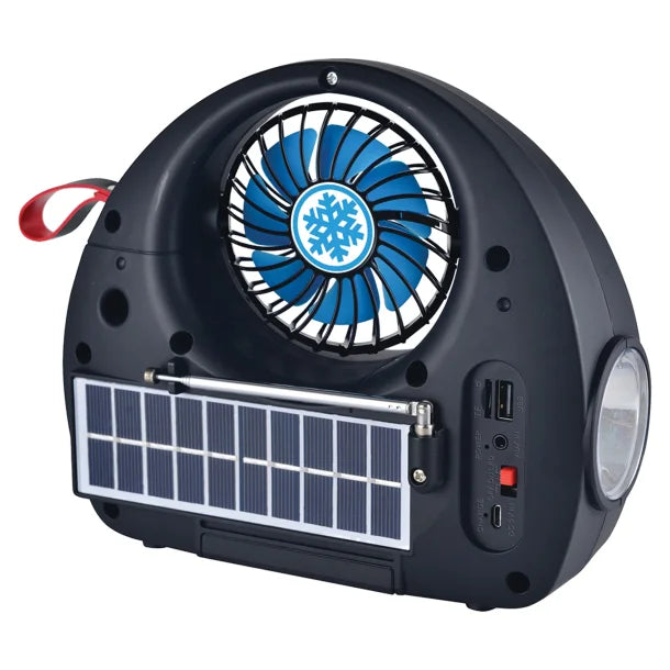 QFX® Portable FM Radio with Bluetooth®, Flashlight, Fan, and Solar Panel, R-40 (Black)