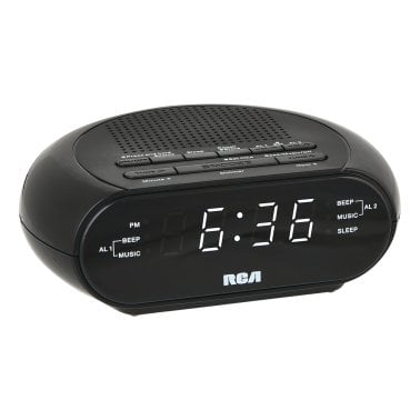 RCA Digital Radio Alarm Clock with Soothing Sounds, Brightness Control, and USB Charging Port