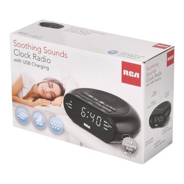 RCA Digital Radio Alarm Clock with Soothing Sounds, Brightness Control, and USB Charging Port