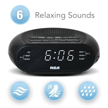 RCA Digital Radio Alarm Clock with Soothing Sounds, Brightness Control, and USB Charging Port