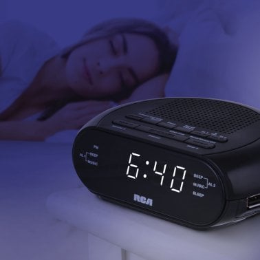 RCA Digital Radio Alarm Clock with Soothing Sounds, Brightness Control, and USB Charging Port