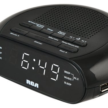 RCA Digital Radio Alarm Clock with Soothing Sounds, Brightness Control, and USB Charging Port