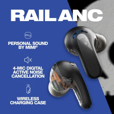 Skullcandy® Rail® Bluetooth® Earbuds with Microphone, Active Noise Canceling, True Wireless with Charging Case (True Black)