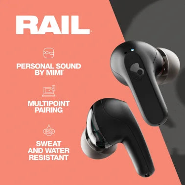 Skullcandy® Rail™ Bluetooth® Earbuds with Microphone, True Wireless with Charging Case (True Black)