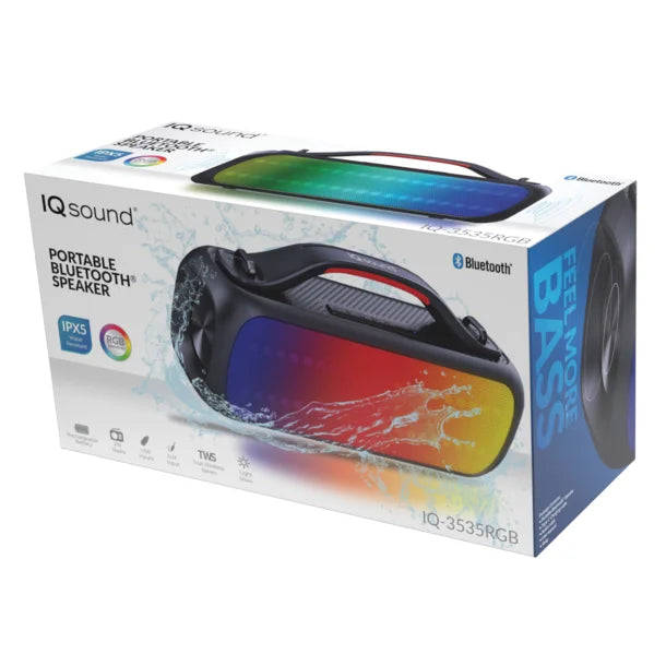 IQ Sound® Poolside Portable Bluetooth® 2.0-Channel Speaker with RGB Lights and Speakerphone, True Wireless, Black, IQ-3535RGB