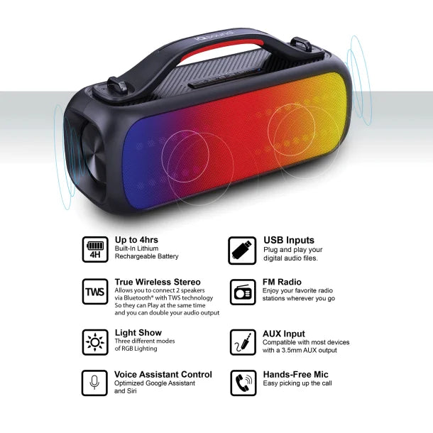 IQ Sound® Poolside Portable Bluetooth® 2.0-Channel Speaker with RGB Lights and Speakerphone, True Wireless, Black, IQ-3535RGB