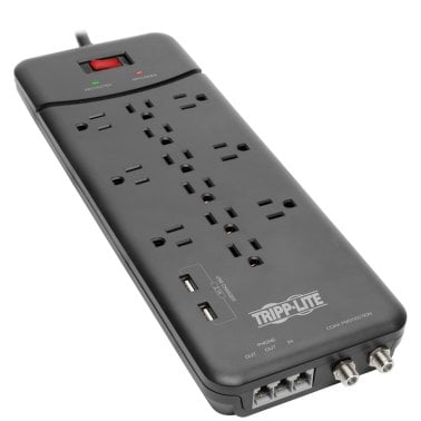 Tripp Lite® by Eaton® Protect It!® 4,320-Joules Surge Protector for Telephone, Modem, and Coaxial, 12 Outlets and 2 USB Ports, 8-Ft. Cord, TLP128TTUSBB