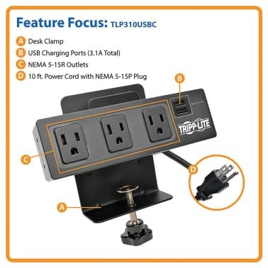 Tripp Lite® by Eaton® Protect It!® 510-Joules Surge Protector with 3 Outlets, 2 USB Ports, and Desk Clamp, 10-Ft. Cord, TLP310USBC