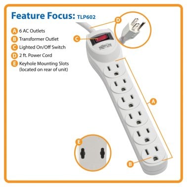 Tripp Lite® by Eaton® Protect It!® 180-Joules Home Computer Surge Protector, 6 Outlets, 2-Ft. Cord, TLP602