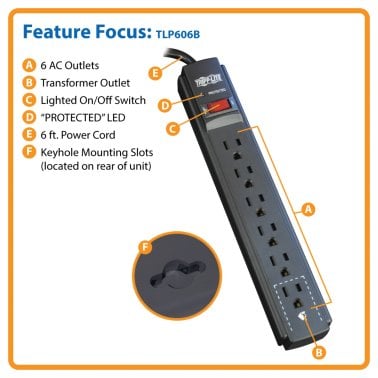 Tripp Lite® by Eaton® Protect It!® 790-Joules Surge Protector, 6 Outlets, 6-Ft. Cord, TLP606B