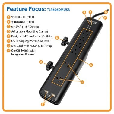 Tripp Lite® by Eaton® Protect It!® 2,100-Joules Surge Protector with Clamps, 6 Outlets and 2 USB Charging Ports, 6-Ft. Cord, Black, TLP606DMUSB