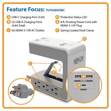 Tripp Lite® by Eaton® Protect It!® 1,080-Joules Surge Protector Desk Clamp, 6 Outlets, 2 USB Ports, and 1 USB-C® Port, 8-Ft. Cord, TLP648USBC