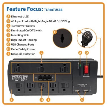 Tripp Lite® by Eaton® Protect It!® 1,200-Joules Surge Protector, 8 Outlets plus 2 USB Ports, 8-Ft. Cord, with Telephone/Modem Protection, TLP88TUSBB