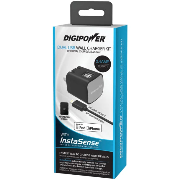 DIGIPOWER® InstaSense™ 2.4-Amp Dual-Port USB-A Wall Charger with Lightning® to USB Cable