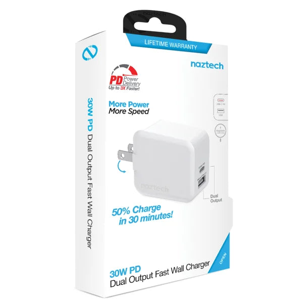 Naztech® 30-Watt Power Delivery Dual-Output USB-C® Fast Wall Charger