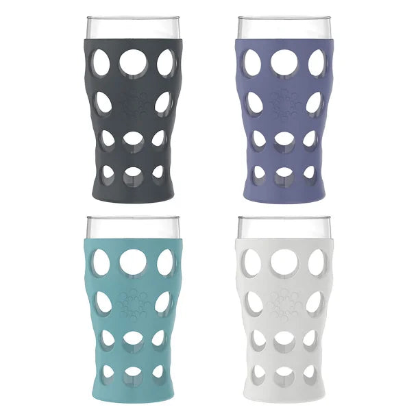 Lifefactory® 20-Oz. Beverage Glasses with Protective Silicone Sleeves, 4 Count (Stone Gray/Aqua Teal/Dusty Purple/Carbon)