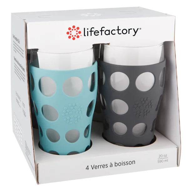 Lifefactory® 20-Oz. Beverage Glasses with Protective Silicone Sleeves, 4 Count (Stone Gray/Aqua Teal/Dusty Purple/Carbon)