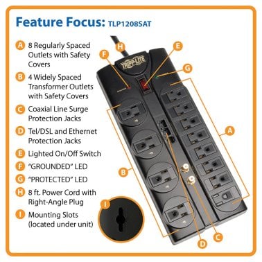 Tripp Lite® by Eaton® Protect It!® 2,880-Joules Surge Protector with Telephone, Modem, and Ethernet Protection, 12 Outlets, 8-Ft. Cord, TLP1208SAT