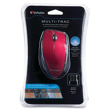 Verbatim® Cordless Blue-LED Computer Mouse, Multi-Trac, 3 Buttons, 2.4 GHz (Red)