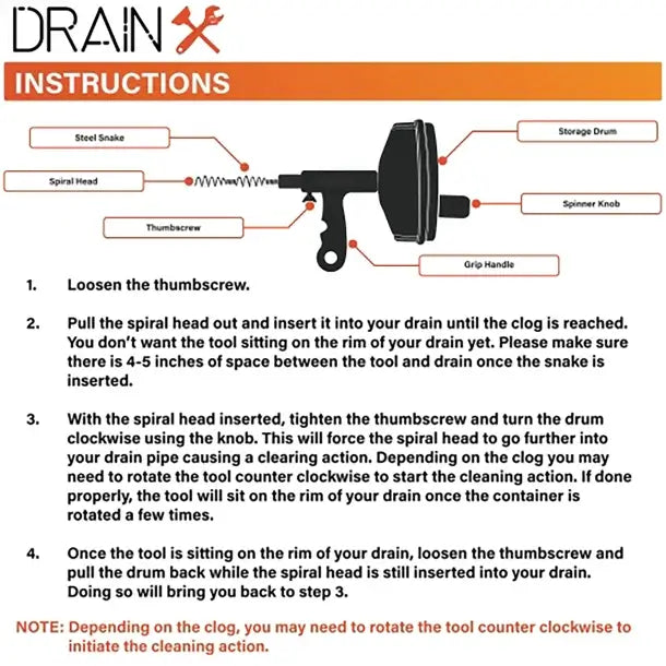 DrainX® Plumbing Snake Drain Auger, 16 Ft.