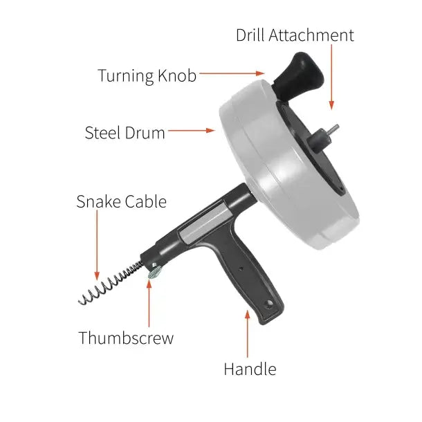 DrainX® Heavy-Duty-Steel Pro Drum Drain Auger, 50 Ft., Manual or Drill Powered, with Work Gloves and Storage Bag