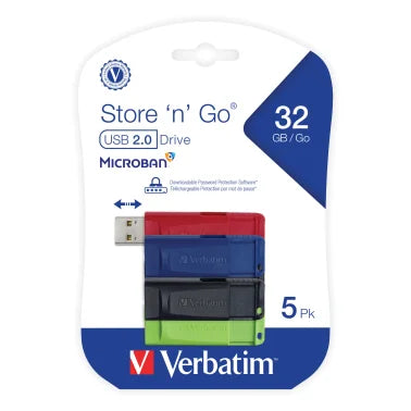Verbatim® 32-GB Store ‘n’ Go® USB-A Flash Drives, 5 Count, Assorted Colors