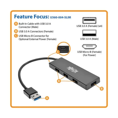 Tripp Lite® by Eaton® Portable USB 3.0 SuperSpeed 5-Gbps Mini Hub, 4 Ports, Ultra-Slim, U360-004-SLIM