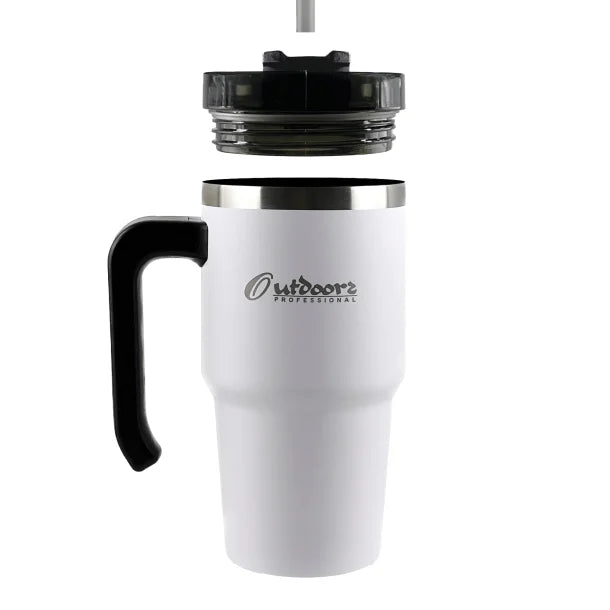 Outdoors Professional 20-Oz. Stainless Steel Double-Walled Insulated Tumbler with Straw (White)