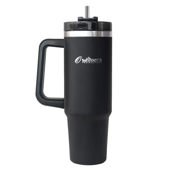 Outdoors Professional 40-Oz. Stainless Steel Double-Walled Insulated Tumbler with Straw (Black)