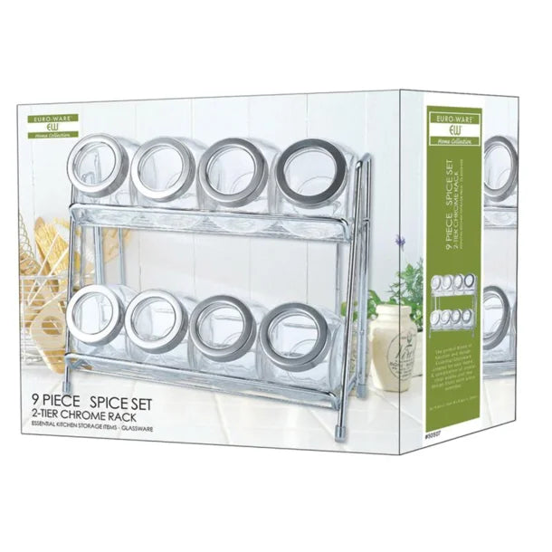 Euro-Ware 9-Piece Glass Spice Jar with Rack Set