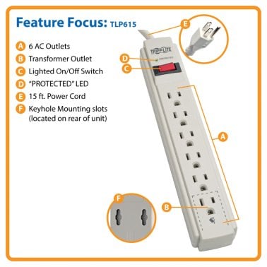 Tripp Lite® by Eaton® Protect It!® 790-Joules Surge Protector, 6 Outlets, 15-Ft. Cord, TLP615