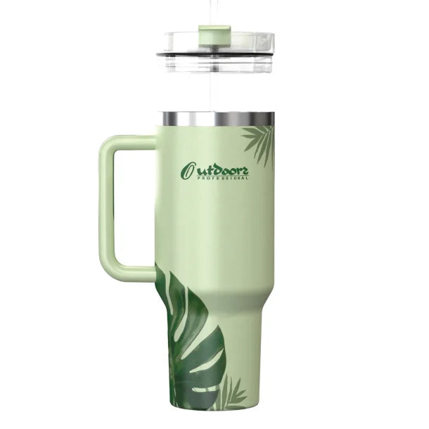 Outdoors Professional 40-Oz. Stainless Steel Double-Walled Insulated Tumbler with Straw (Tropical Green)