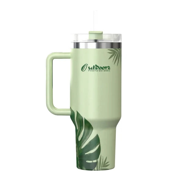 Outdoors Professional 40-Oz. Stainless Steel Double-Walled Insulated Tumbler with Straw (Tropical Green)