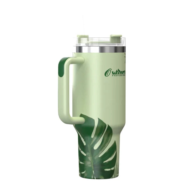 Outdoors Professional 40-Oz. Stainless Steel Double-Walled Insulated Tumbler with Straw (Tropical Green)