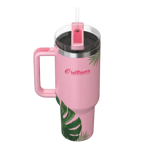 Outdoors Professional 40-Oz. Stainless Steel Double-Walled Insulated Tumbler with Straw (Tropical Pink)