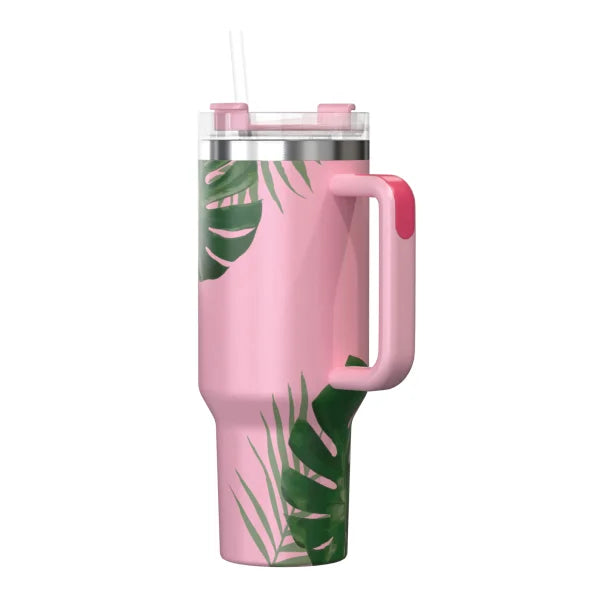 Outdoors Professional 40-Oz. Stainless Steel Double-Walled Insulated Tumbler with Straw (Tropical Pink)