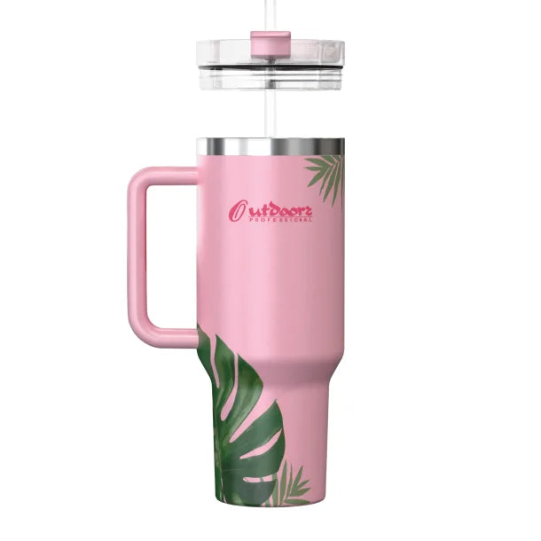 Outdoors Professional 40-Oz. Stainless Steel Double-Walled Insulated Tumbler with Straw (Tropical Pink)