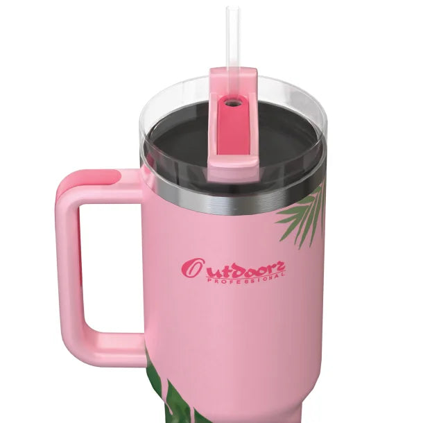 Outdoors Professional 40-Oz. Stainless Steel Double-Walled Insulated Tumbler with Straw (Tropical Pink)