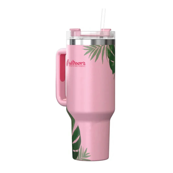 Outdoors Professional 40-Oz. Stainless Steel Double-Walled Insulated Tumbler with Straw (Tropical Pink)