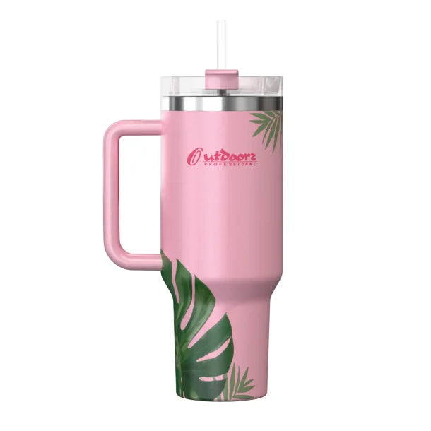 Outdoors Professional 40-Oz. Stainless Steel Double-Walled Insulated Tumbler with Straw (Tropical Pink)