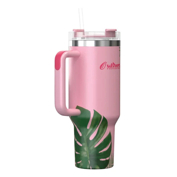 Outdoors Professional 40-Oz. Stainless Steel Double-Walled Insulated Tumbler with Straw (Tropical Pink)