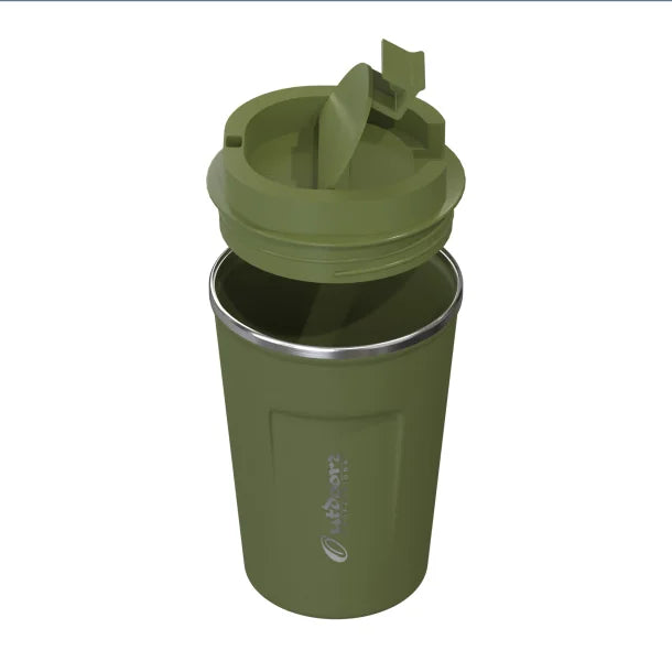 Outdoors Professional Stainless Steel Double-Walled Vacuum-Insulated Coffee Cup with Spillproof Lid (12.8 Oz.; Olive Green)