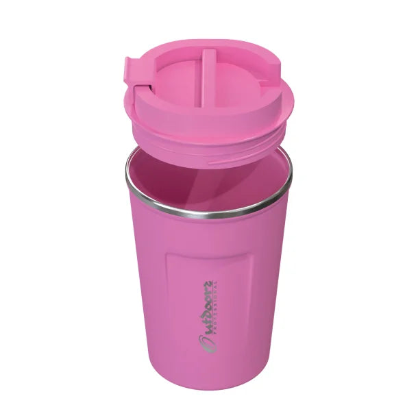 Outdoors Professional Stainless Steel Double-Walled Vacuum-Insulated Coffee Cup with Spillproof Lid (12.8 Oz.; Pink)