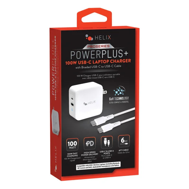 HELIX Pro Series 100-Watt PD GaN USB-C® Charger with 6-Ft. Braided USB-C® to USB-C® Cable