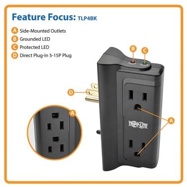 Tripp Lite® by Eaton® Protect It!® 720-Joules Direct Plug-in Surge Protector, 4 Side-Mounted Outlets, TLP4BK