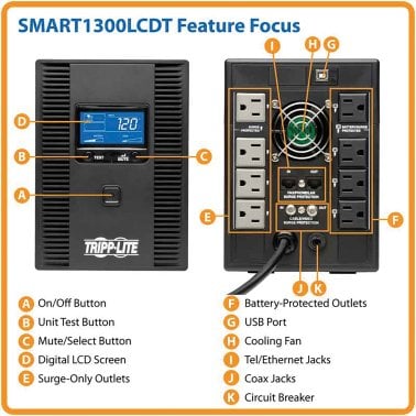 Tripp Lite® by Eaton® SmartPro® 720-Watt 1,300-VA Line-Interactive UPS System with Outlet and Fax/Phone/LAN/Coax Surge Protection, 8 Outlets, 6-Ft. Cord, SMART1300LCDT