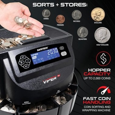 SafeTech Viper V395 Coin Counter, Sorter, and Wrapper, with 48 Preformed Wrappers and Dust Cover