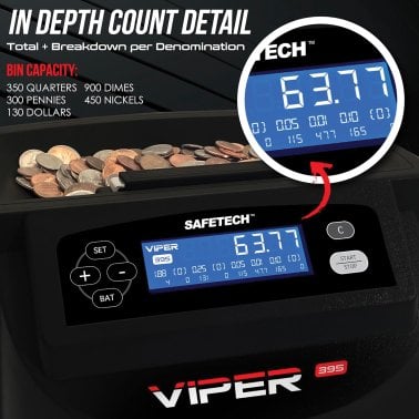 SafeTech Viper V395 Coin Counter, Sorter, and Wrapper, with 48 Preformed Wrappers and Dust Cover